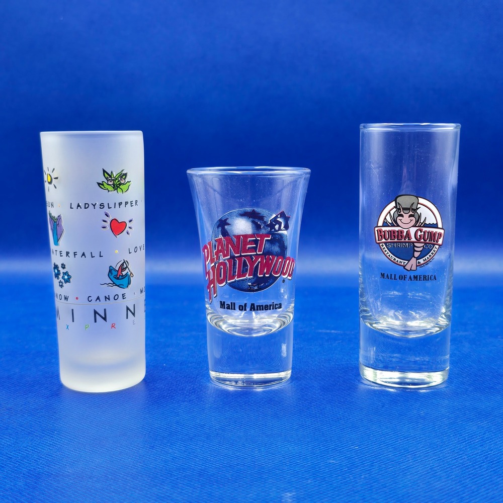 Mall of America 3 Shot Glass Set Planet Hollywood Bubba Gump Minnesota Souvenir